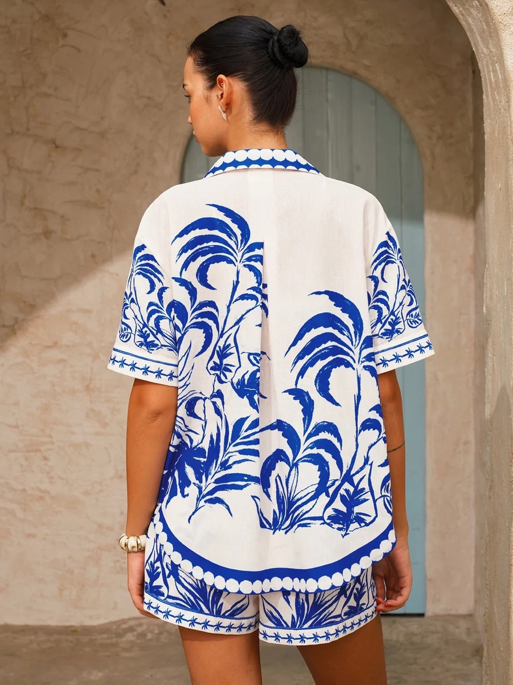 158 Palm Tree Print Shirt & Drawstring Shorts Set - Picture 4 of 6